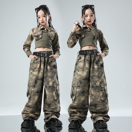 速发孩爵士h服装露脐迷彩工h裤舞ip装op迷彩套装走秀表演出潮服