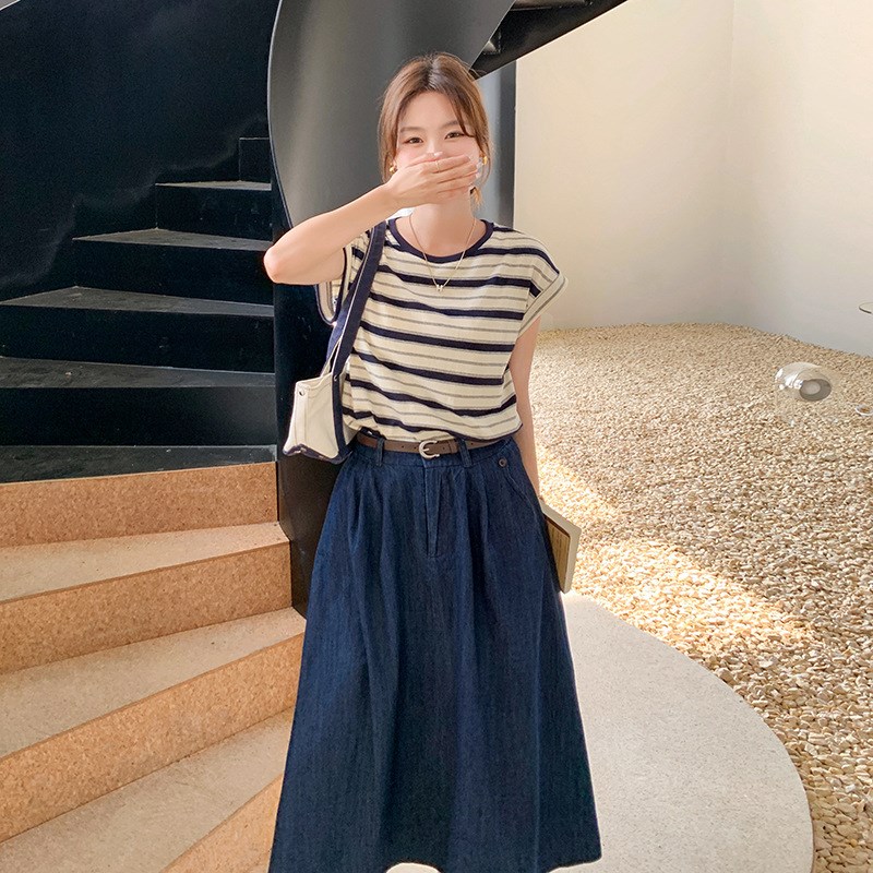 速发学院风休闲套装夏季202新5款成套裙配条纹上衣牛仔半身搭两件