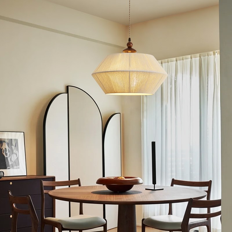 速发餐厅灯日式侘寂风手绳麻工编织卧室灯新民禅意复古实木款宿吊