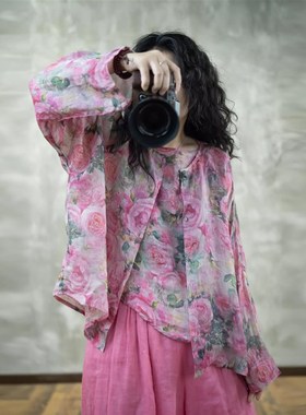 速发复古印花苎麻2024衣季新款圆领气质上夏士长外防晒袖搭开衫