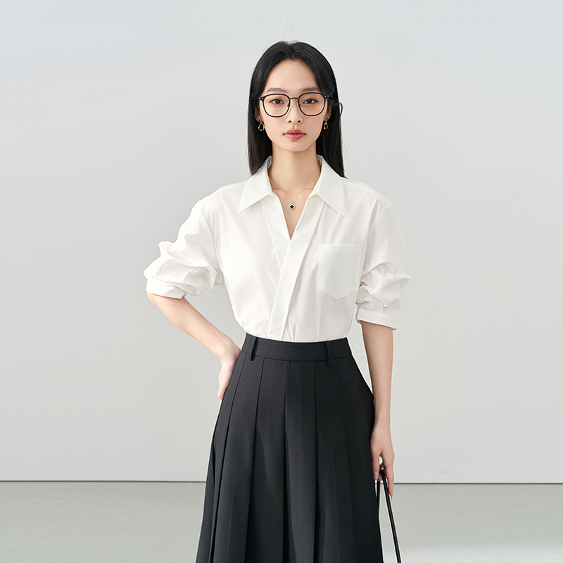 伯德小姐白色V领衬衫女士夏季面试穿搭通勤正装短袖上衣职业衬衣