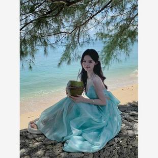 薄荷曼波海边度假氛围感沙滩裙设计感挂脖连衣裙仙女气质大摆裙子