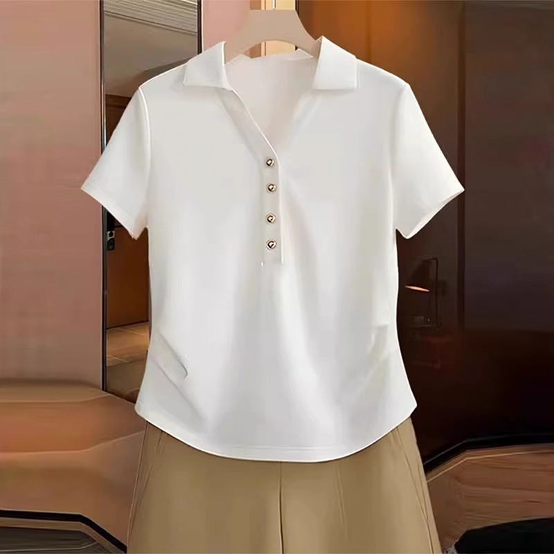 白色polo领正肩短袖t恤女大码胖MM夏季2025新款显瘦独特掐腰上衣