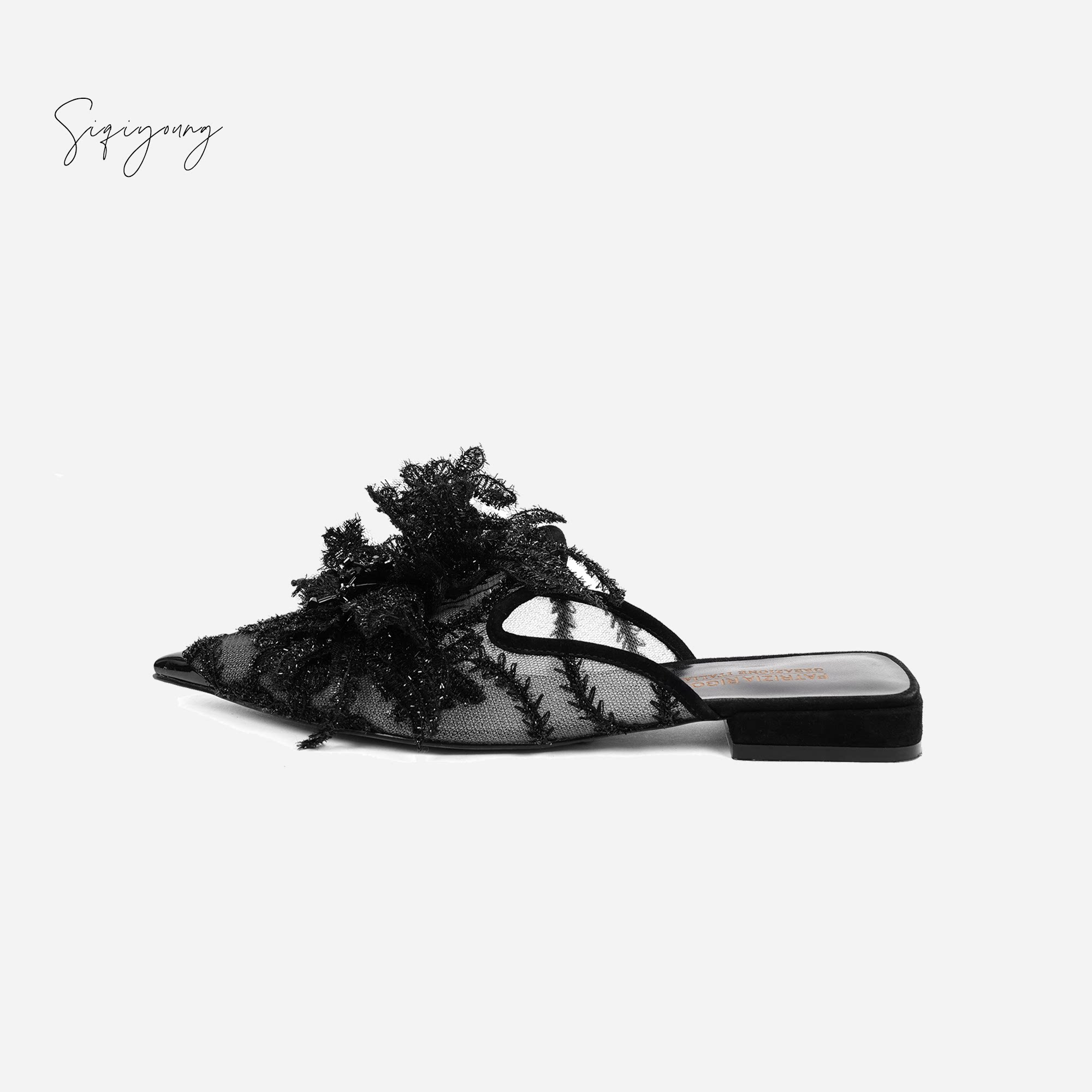 siqiyoung 巴黎之花patrizia rigotti蕾丝刺绣尖头穆勒鞋平底拖鞋