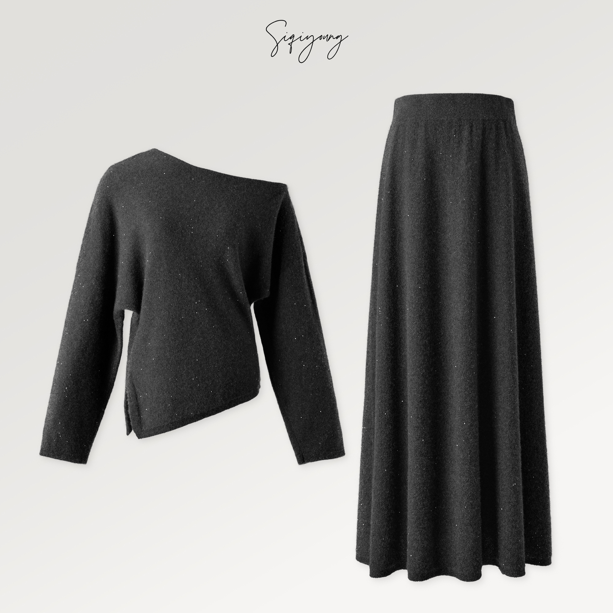 SIQIYOUNG羊绒斜肩开叉收腰套装