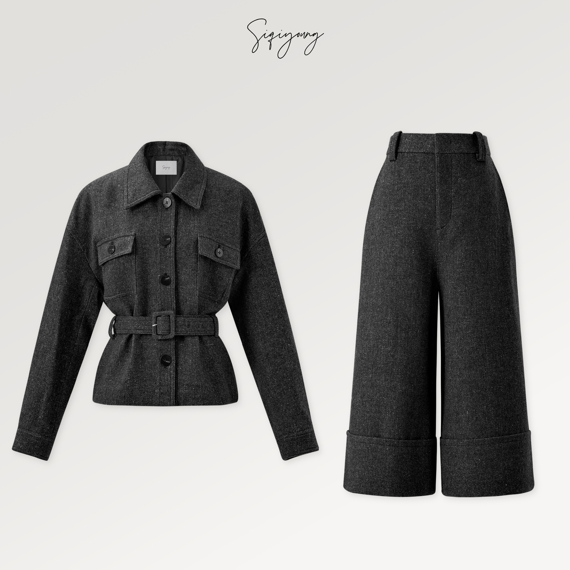 SIQIYOUNG 都市经典-复古英伦老钱风进口澳毛混纺套装 收腰肌理感