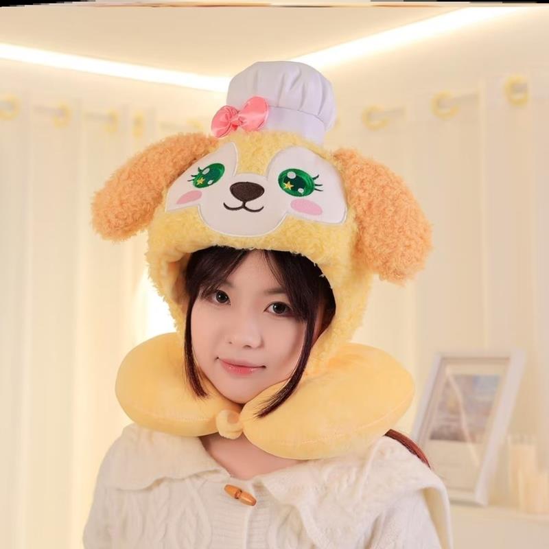 可爱卡通厨师狗连帽U型护颈枕旅行飞机带帽子u枕午睡枕头女