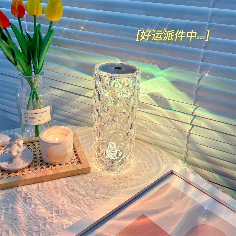 轻奢玫瑰水晶led台灯钻石触摸控制花瓣氛围灯调光卧室装饰小夜灯
