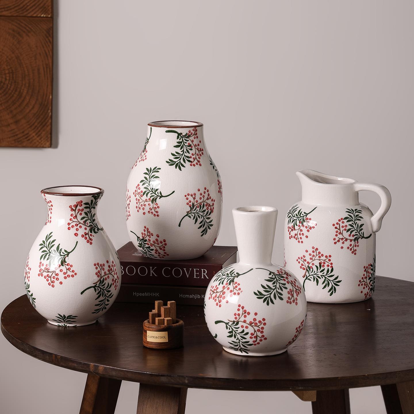 中世纪创意覆古红果冰裂陶瓷花瓶装饰水花插花客厅装饰花具高端