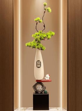 入门玄关造景花瓶摆件石来运转迎客松客厅新中式细长高陶瓷装饰品
