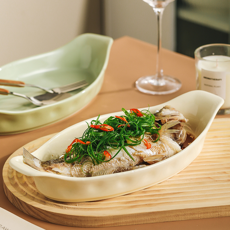 奶油风双耳鱼盘家用大号长方形装鱼盘2025新款餐具蒸鱼盘子深盘子