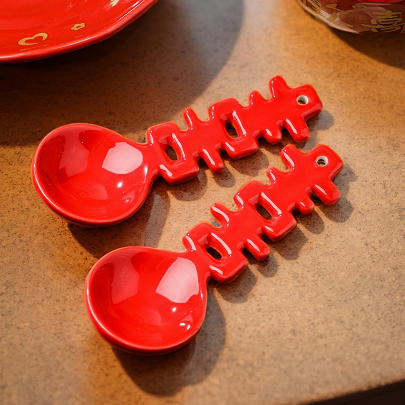 双喜食品级陶瓷勺子长柄汤勺可爱汤匙红色结婚送新人新娘订婚陪嫁