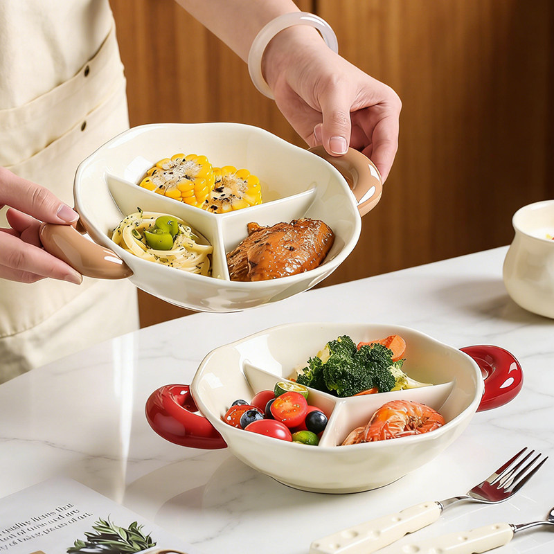 陶瓷双耳分格餐盘早餐盘分隔盘子大人月子减肥减脂专用定量餐具盘