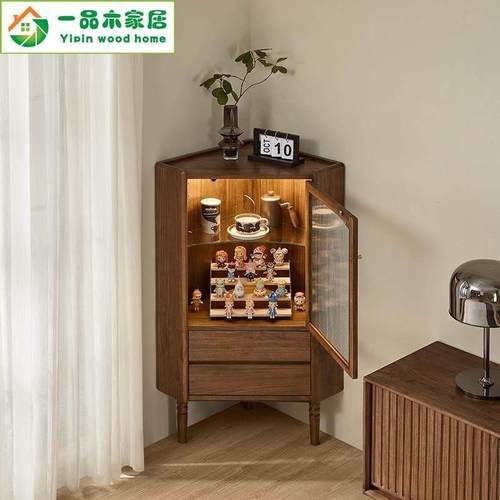 北欧客厅实木三角柜客饭厅边角转角酒柜黑胡桃储物边柜收纳柜