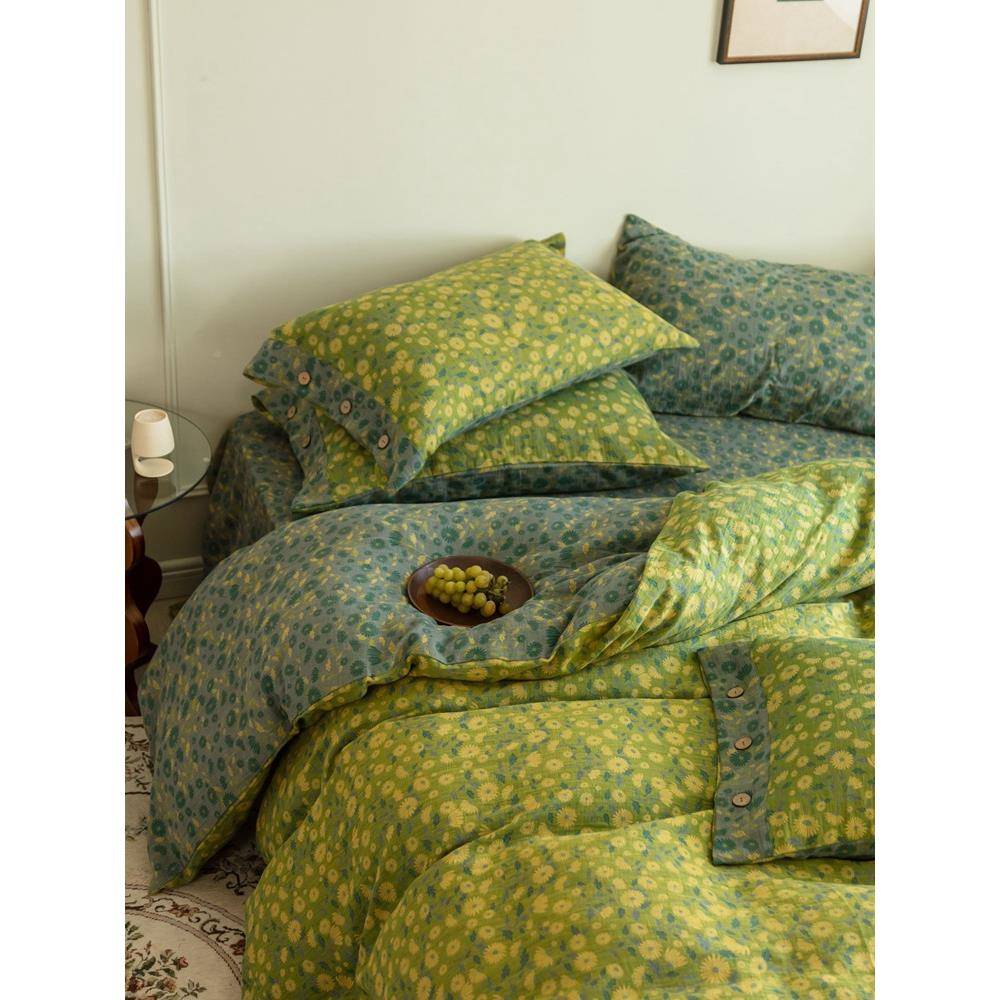 VPR1复古田园风全床棉591织双层纱四件套A类棉纱上用品纽扣工色艺