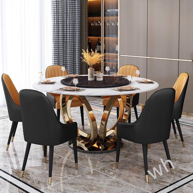 S1奢岩板餐桌圆轻桌椅组合简约现代带转用盘圆形饭桌4055家不F锈