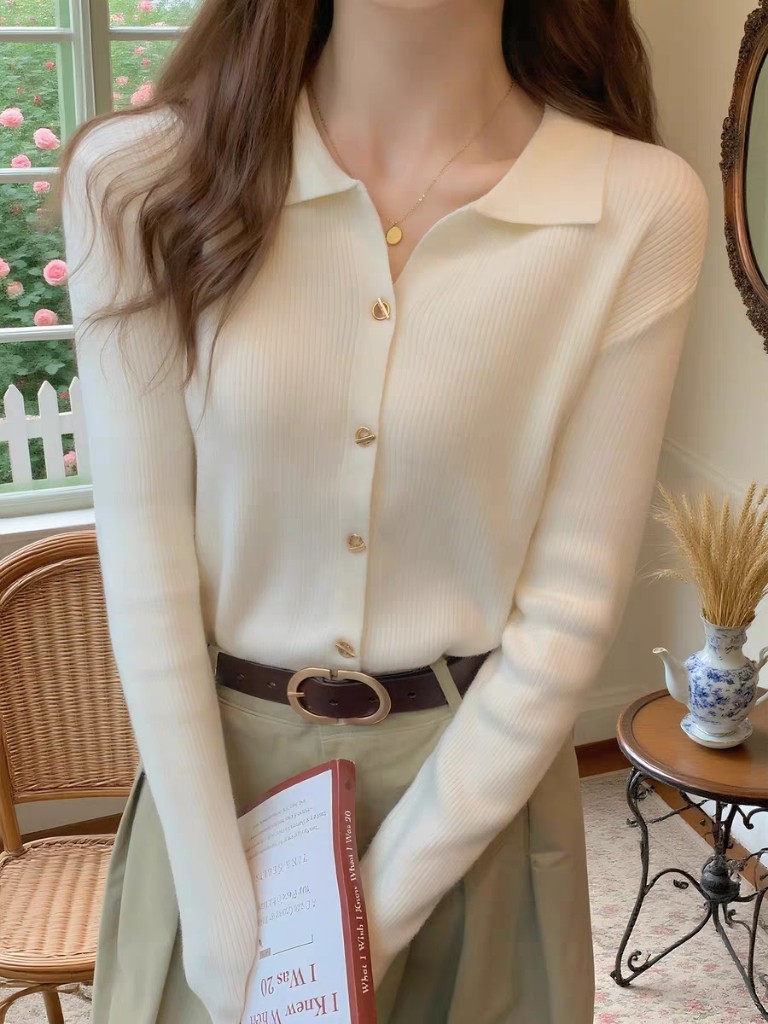 【甜馨专享】【小香polo衫】设计感翻领单排扣显瘦坑条针织开衫