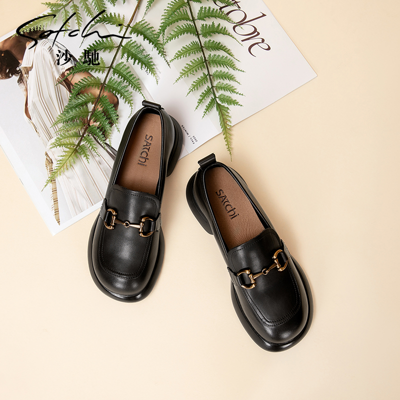 沙驰女鞋牛皮英伦乐福鞋