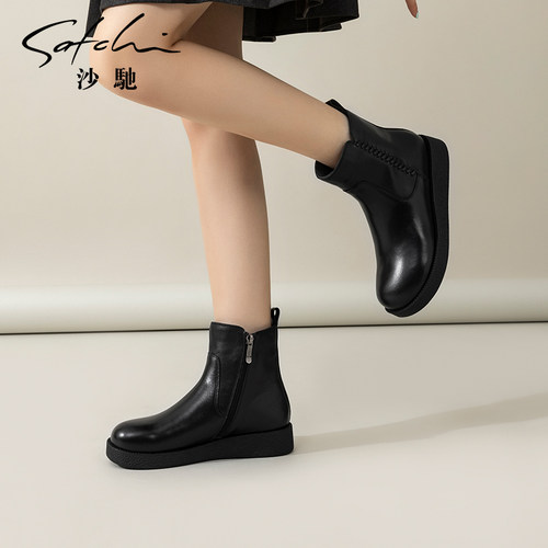 沙驰女鞋松糕厚底加绒短靴女靴子