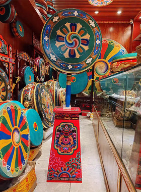 50厘米藏式手绘实木带把法鼓加彩绘底座民族风装饰品摆件