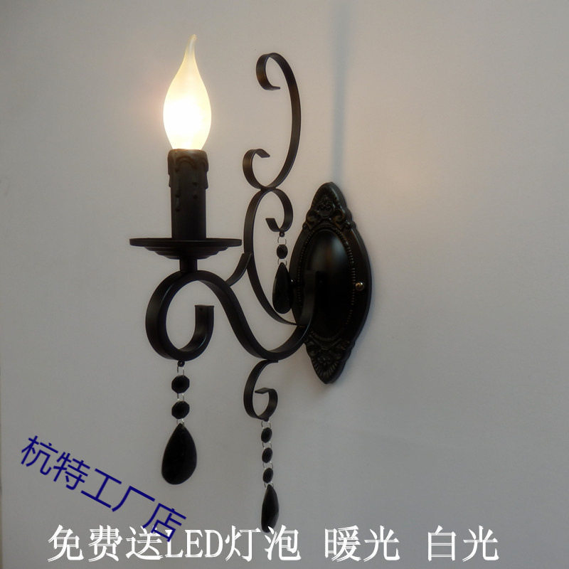 欧式复古黑色铁艺水晶壁灯