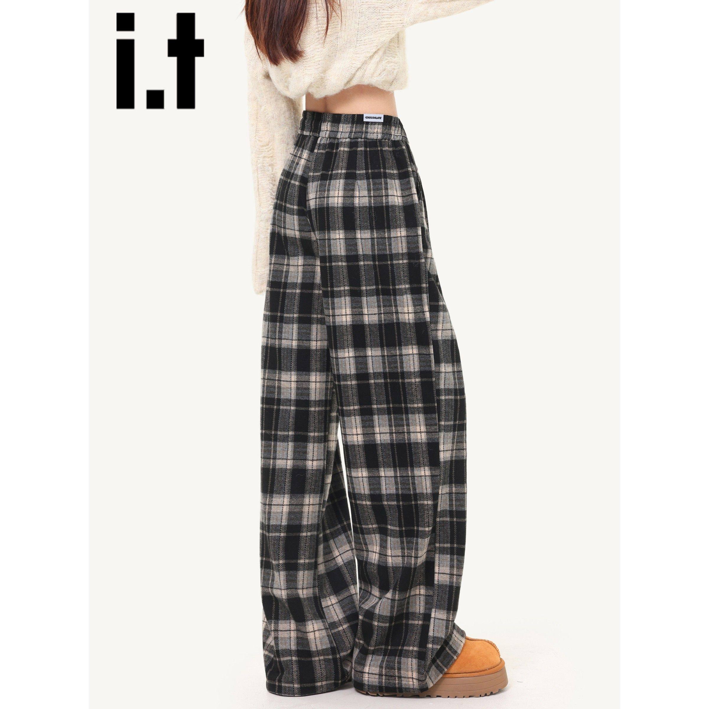 it:CHOCOOLATE黑色格子休闲裤女秋冬2025新款高腰宽松直筒阔腿裤