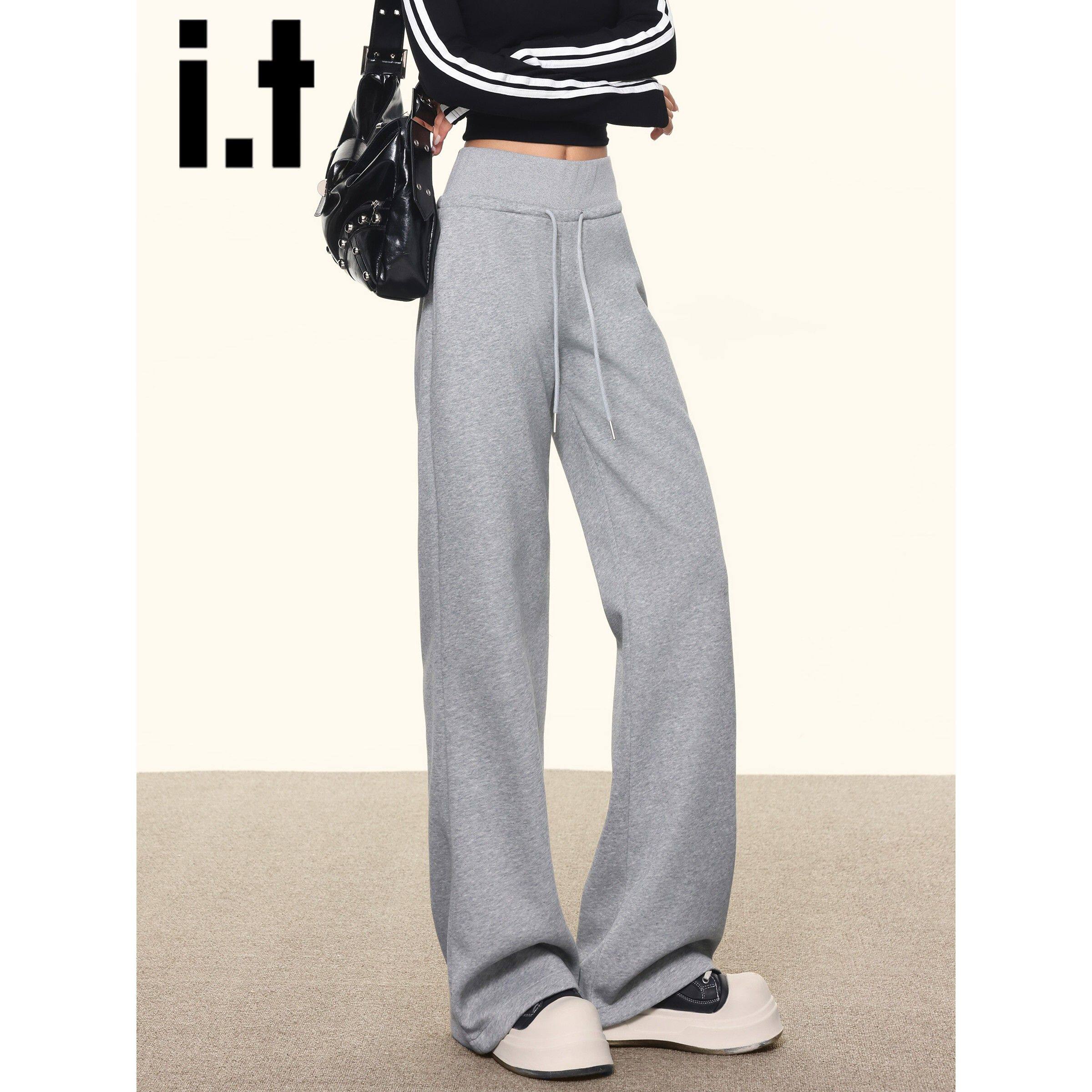 it:CHOCOOLATE灰色加绒休闲裤女2025新款秋冬直筒阔腿微喇卫裤子