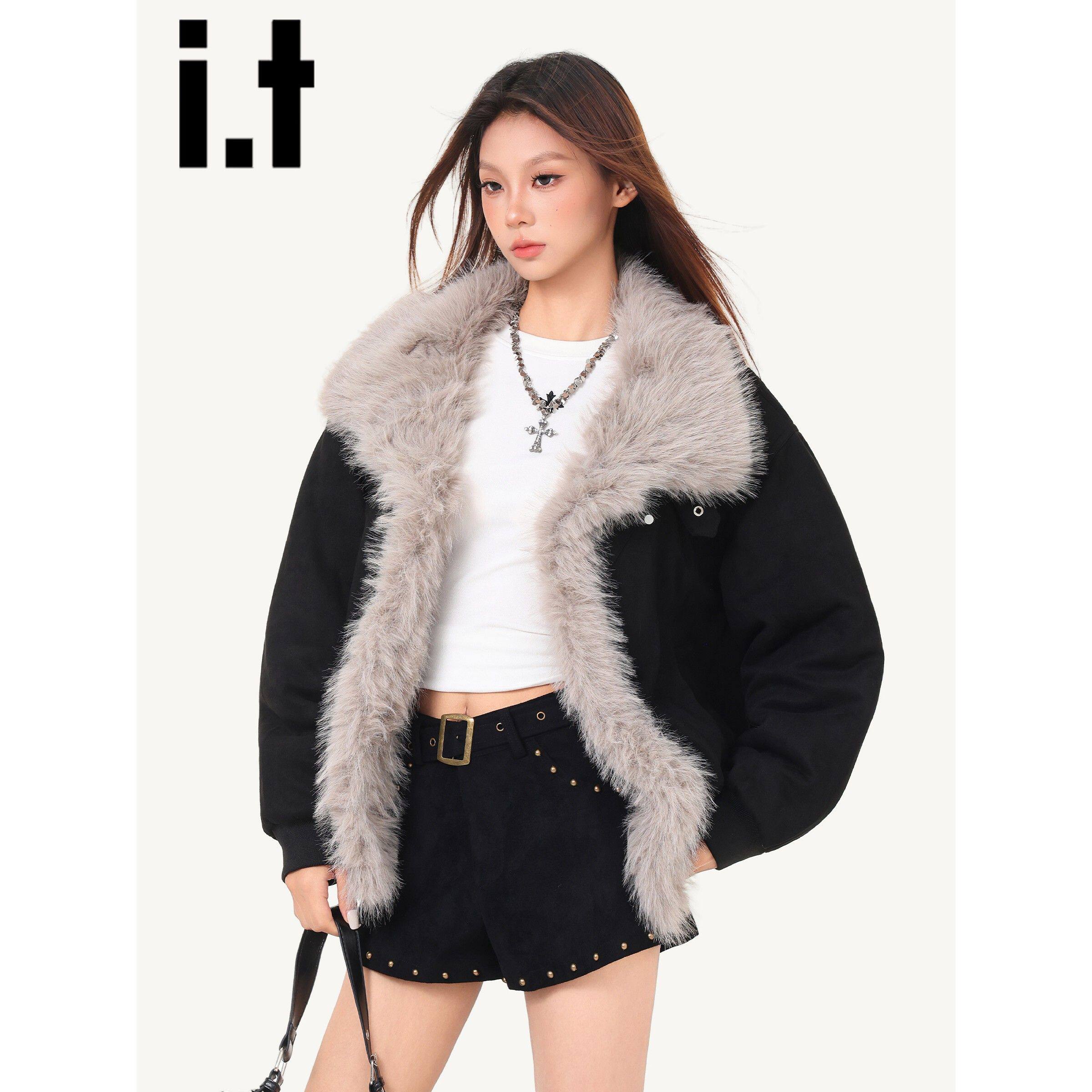 it:CHOCOOLATE黑色毛领棉服女2025新款秋冬季毛茸茸休闲夹克外套