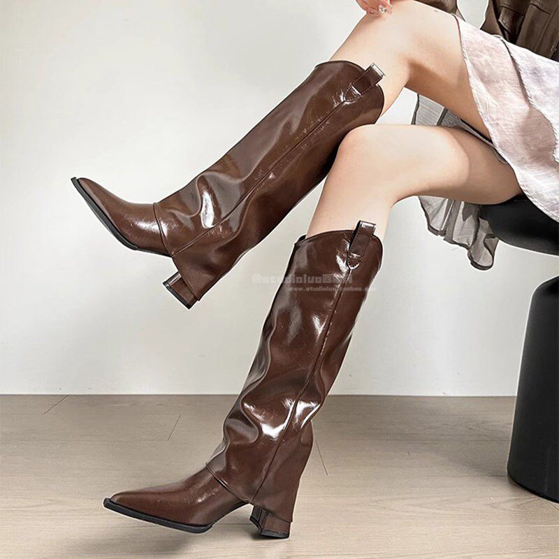 香港女式真皮裤靴2025春秋季新款高端棕色尖头靴不超过及膝骑士靴