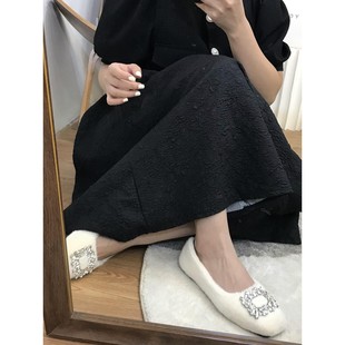 香港白色水钻方扣玛丽珍鞋女水貂毛平底毛毛鞋春秋外穿加绒豆豆鞋