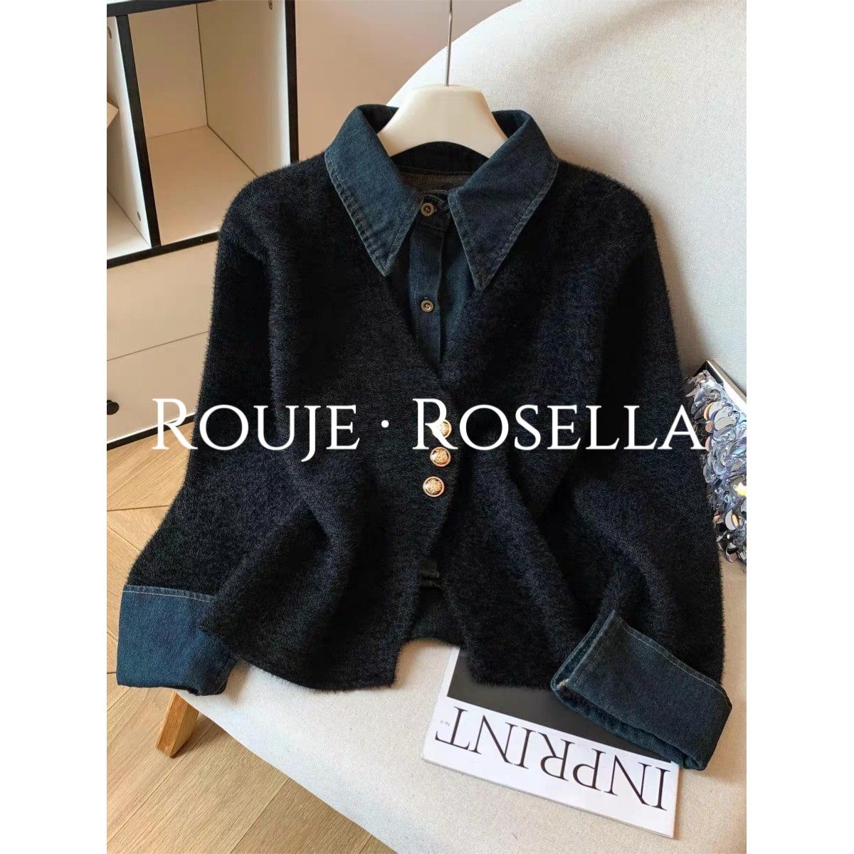 法国Rouje Rosella简约时尚?复古牛仔拼接假两件女针织软糯上衣,女装/女士精品,毛针织衫,淘宝优惠券,粉丝福利购,淘宝优惠卷