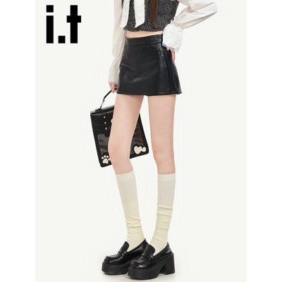 it:CHOCOOLATE黑色pu皮半身裙女2025新款冬季辣妹a字包臀超短裤裙