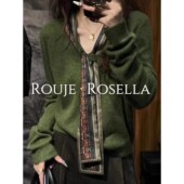 法国Rouje Rosella敲好看⭐覆古绿色V领针织衫 女秋冬宽松显瘦毛衣