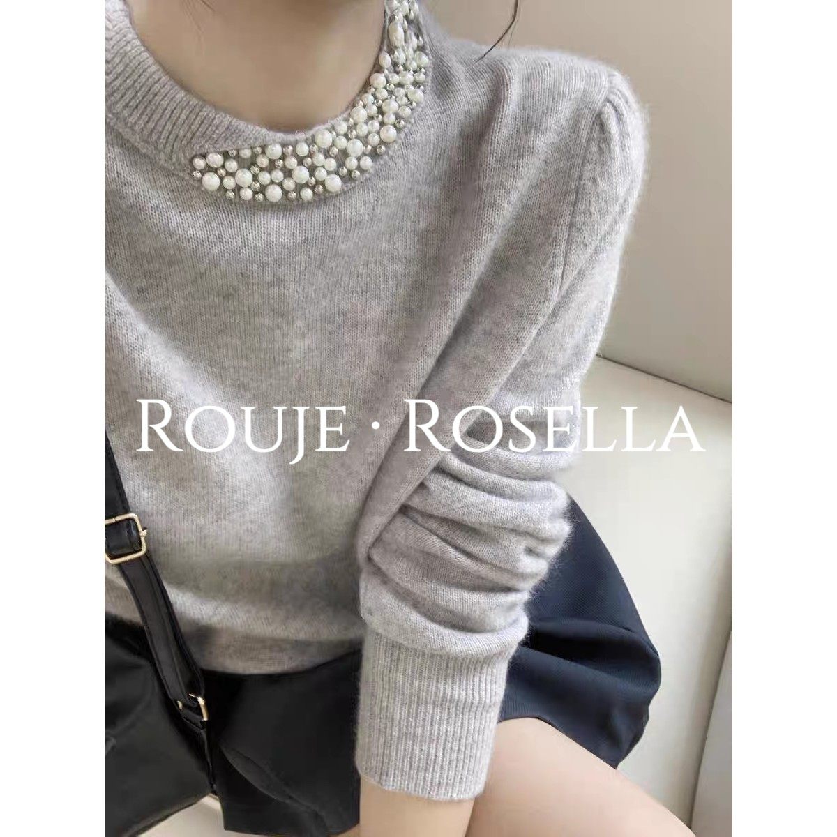法国Rouje Rosella?气质钉珠泡泡袖浣熊绒毛衣女秋冬高级感上衣,女装/女士精品,毛针织衫,淘宝优惠券,粉丝福利购,淘宝优惠卷