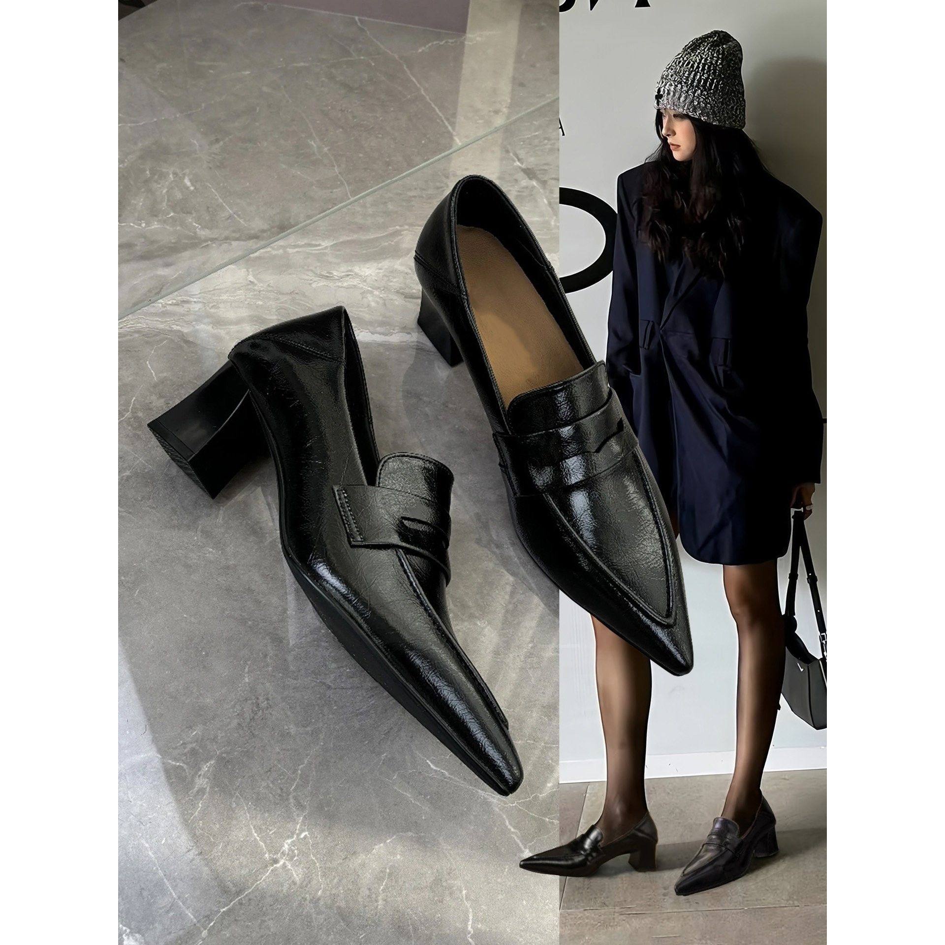 香港真皮覆古粗跟乐福鞋女2025秋冬新款尖头高跟鞋时尚百搭小皮鞋,女鞋,乐福鞋（豆豆鞋）,淘宝优惠券,粉丝福利购,淘宝优惠卷