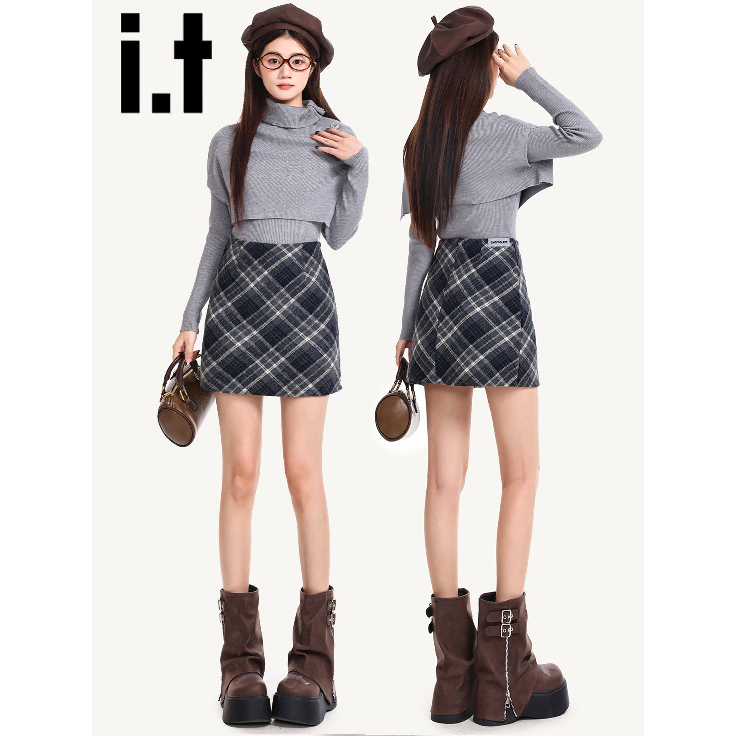 it:CHOCOOLATE蓝色格子毛呢半身裙女2025新款秋季显瘦a字包臀短裙