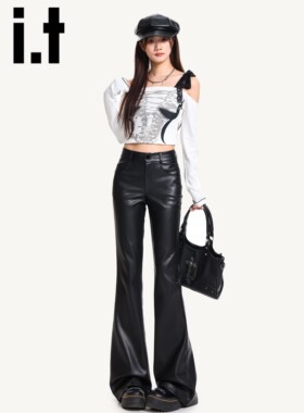 it:CHOCOOLATE黑色微喇叭休闲裤女2025新款秋冬高腰修身PU皮裤子