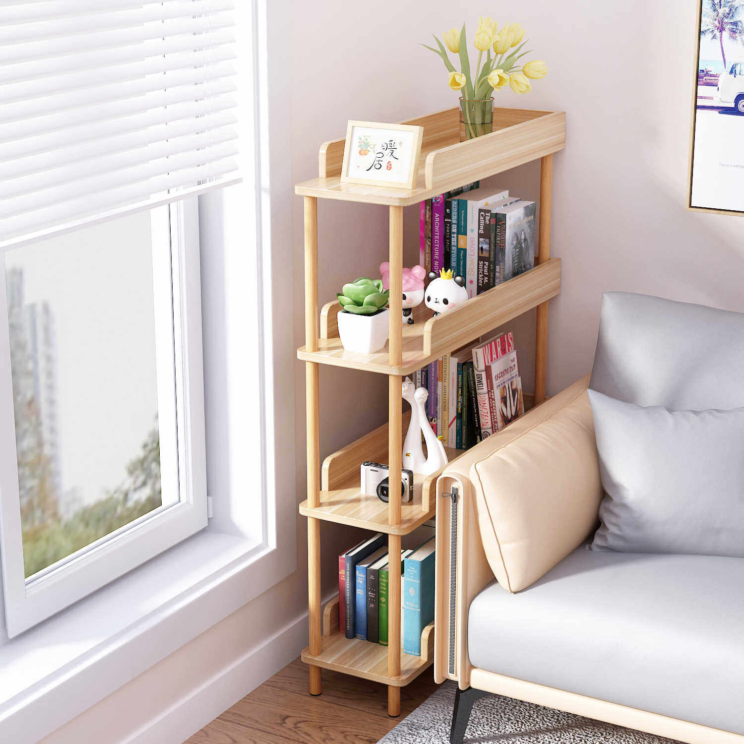 实木杆儿童书架置物架落地卧室小型收纳多层储物柜夹缝隙整理架子
