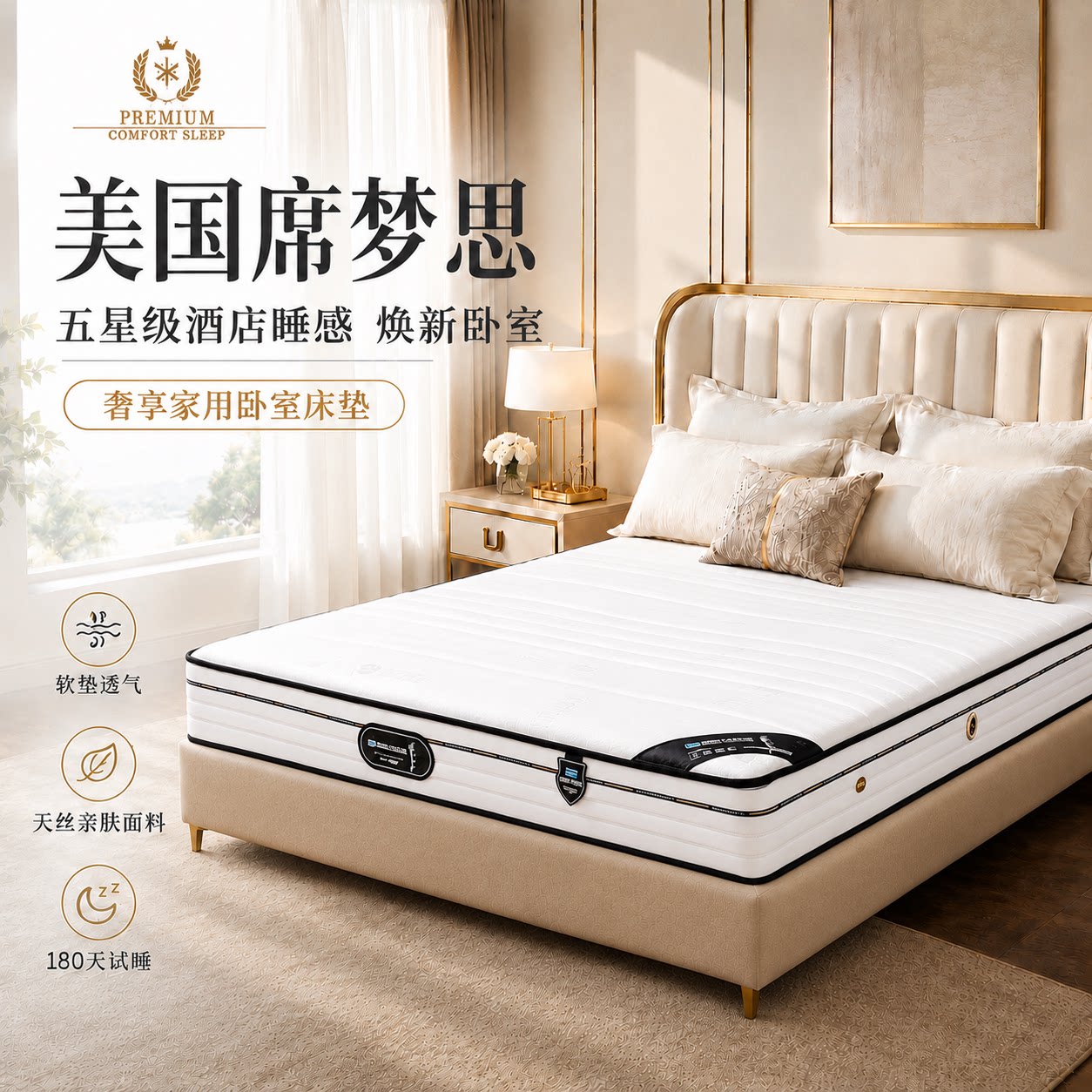 美国席梦思舒缓2.0弹簧透气层家用软硬适中双面可睡免费送货上门