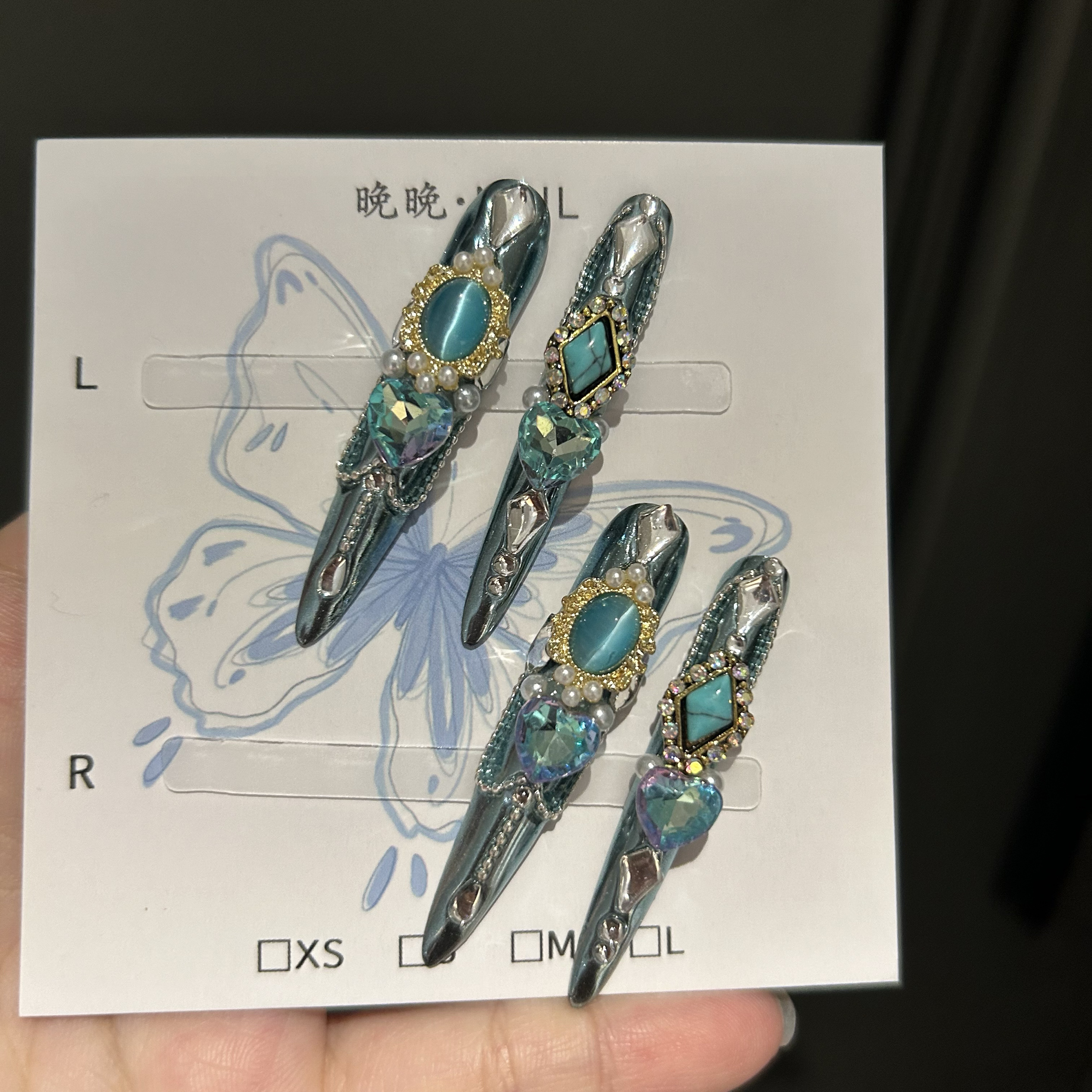 晚晚手工穿戴甲高级感蓝色护甲钻美甲嬛嬛护甲娘娘护甲复古重工