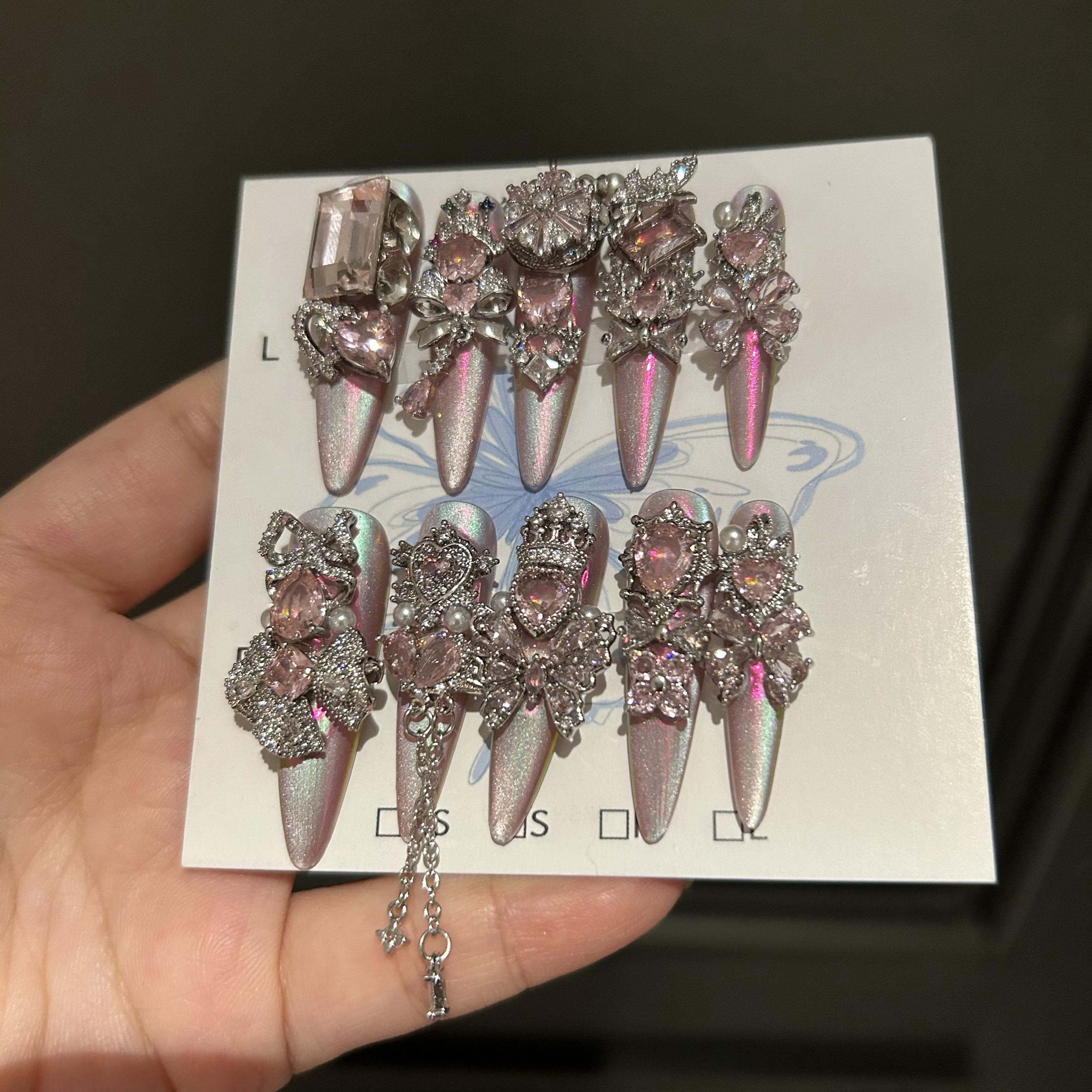 满天星 魔镜猫眼纯手工穿戴甲重工东洲钻满手满锆奢华手工美甲