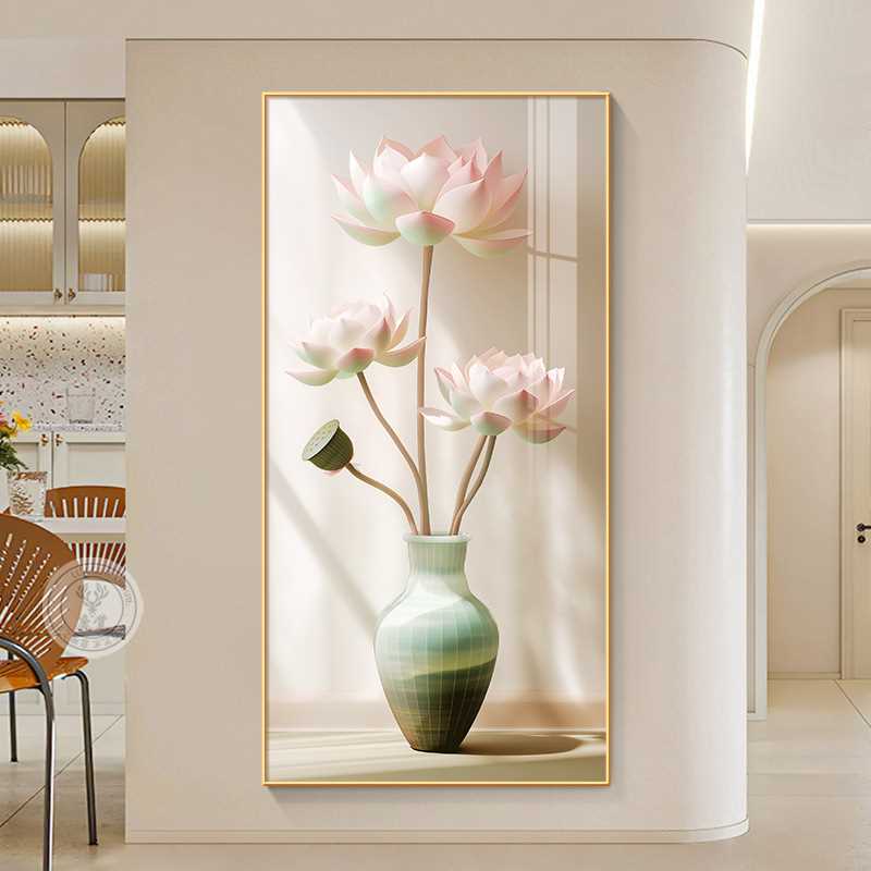 荷花玄关装饰画进门正对墙画新中式竖版花卉挂画走廊过道莲花壁画图片