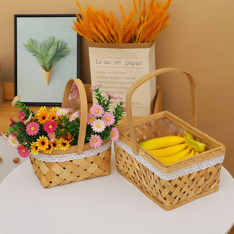 编织手提花篮收纳筐编制水果篮子竹编藤编干花插花篮多肉花盆储物