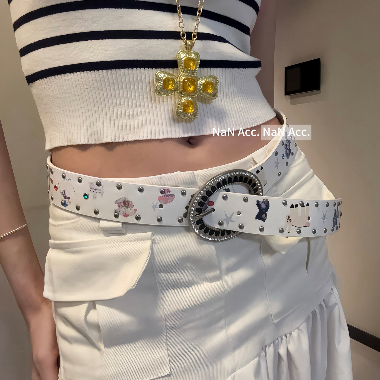 韩版小众设计铆钉腰带女可爱多巴胺小熊印花宽皮带高级感俏皮配饰
