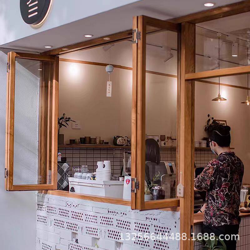 老榆木折叠窗门窗定 制蛋糕花店实木玻璃推拉窗户厨房全景玻璃窗