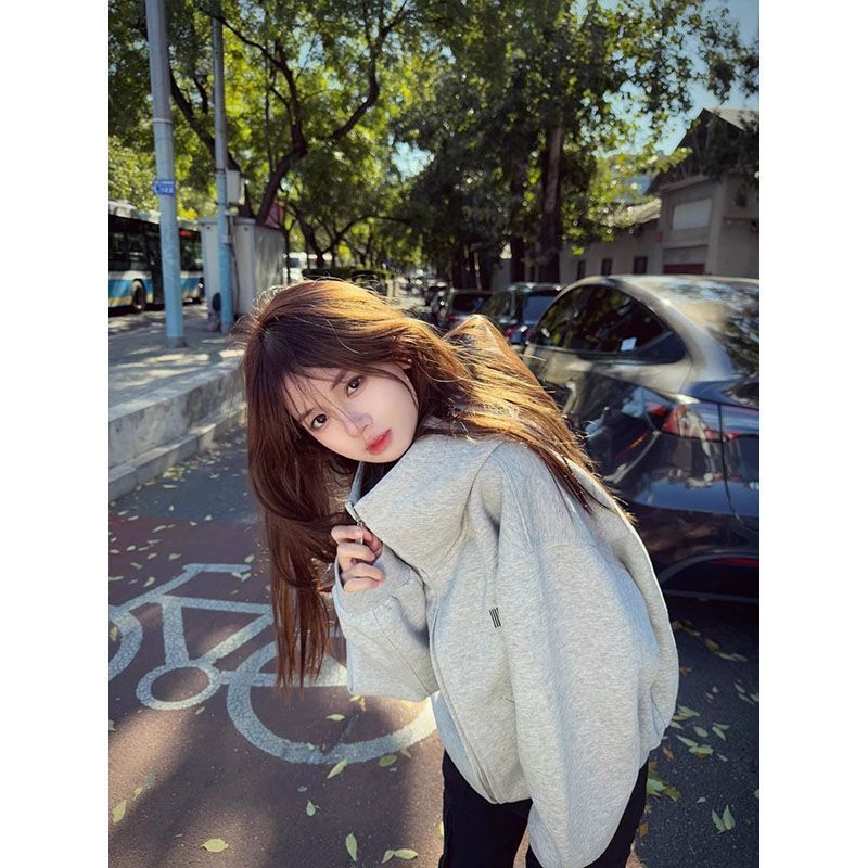 美式高街白灰色高领连帽卫衣女秋冬新款宽松加绒加厚潮牌情侣外套