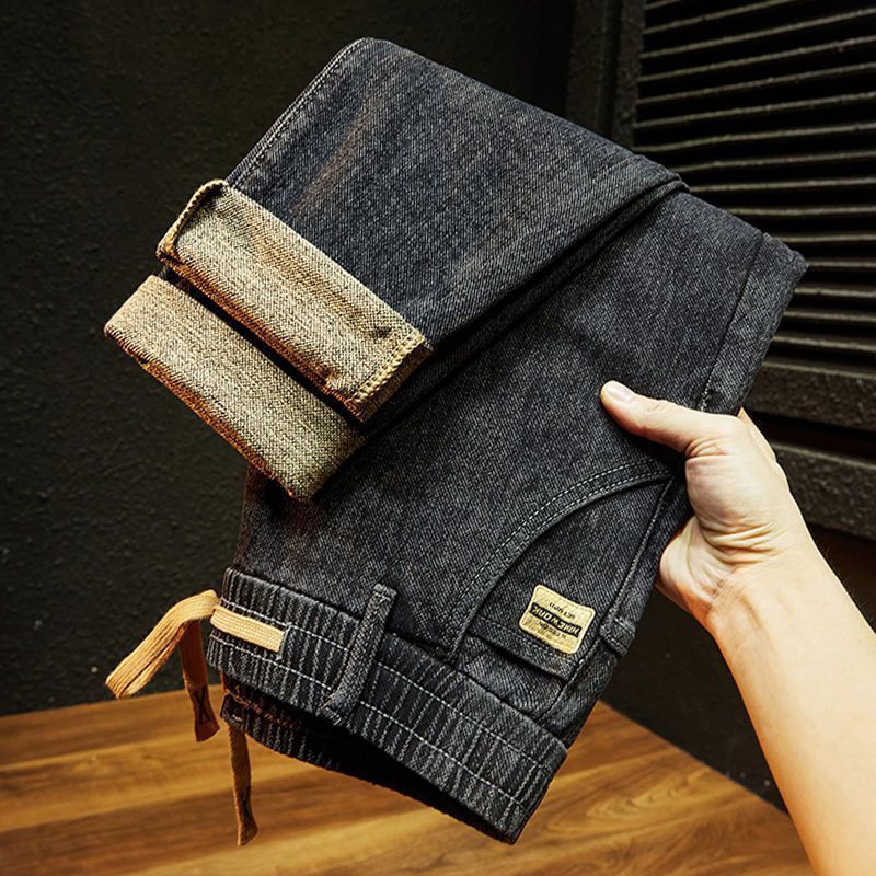 秋季新款抽绳男士牛仔裤男款弹力松紧腰修身直筒裤高端百搭长裤子