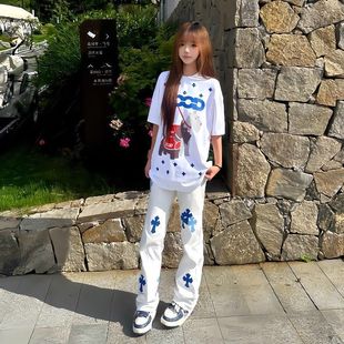 美式贴皮高街白色轻奢牛仔裤潮牌十字架宽松男女直筒水洗长裤裤子