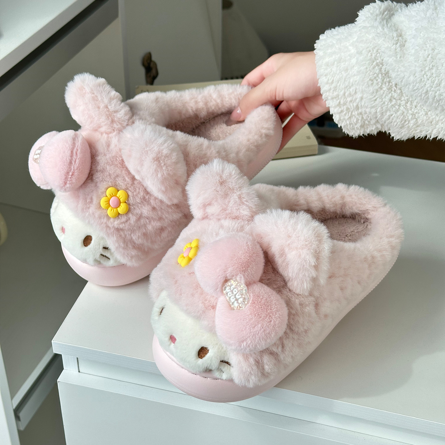 可爱冬季棉拖鞋女少女心毛毛绒家居室内可爱卡通猫咪防滑保暖棉拖
