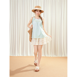 薄荷仲夏 夏季 温柔甜美风蕾丝蝴蝶结薄荷绿挂脖上衣短裙显瘦套装